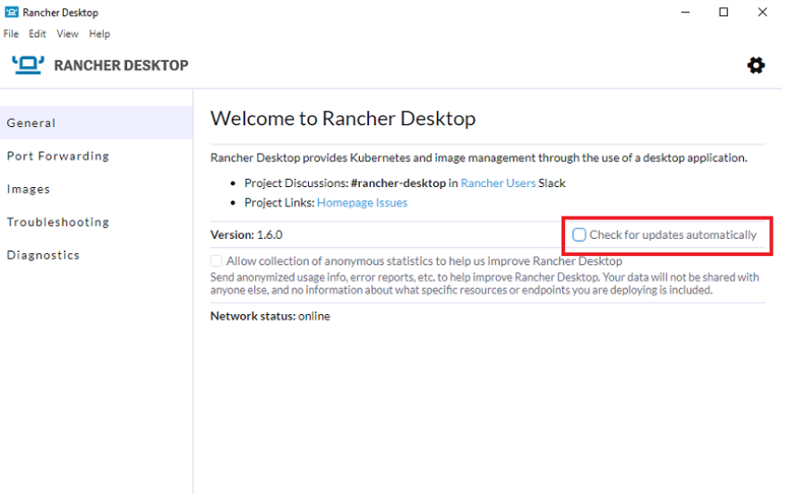 Rancher Desktop Disable Automatic Updates