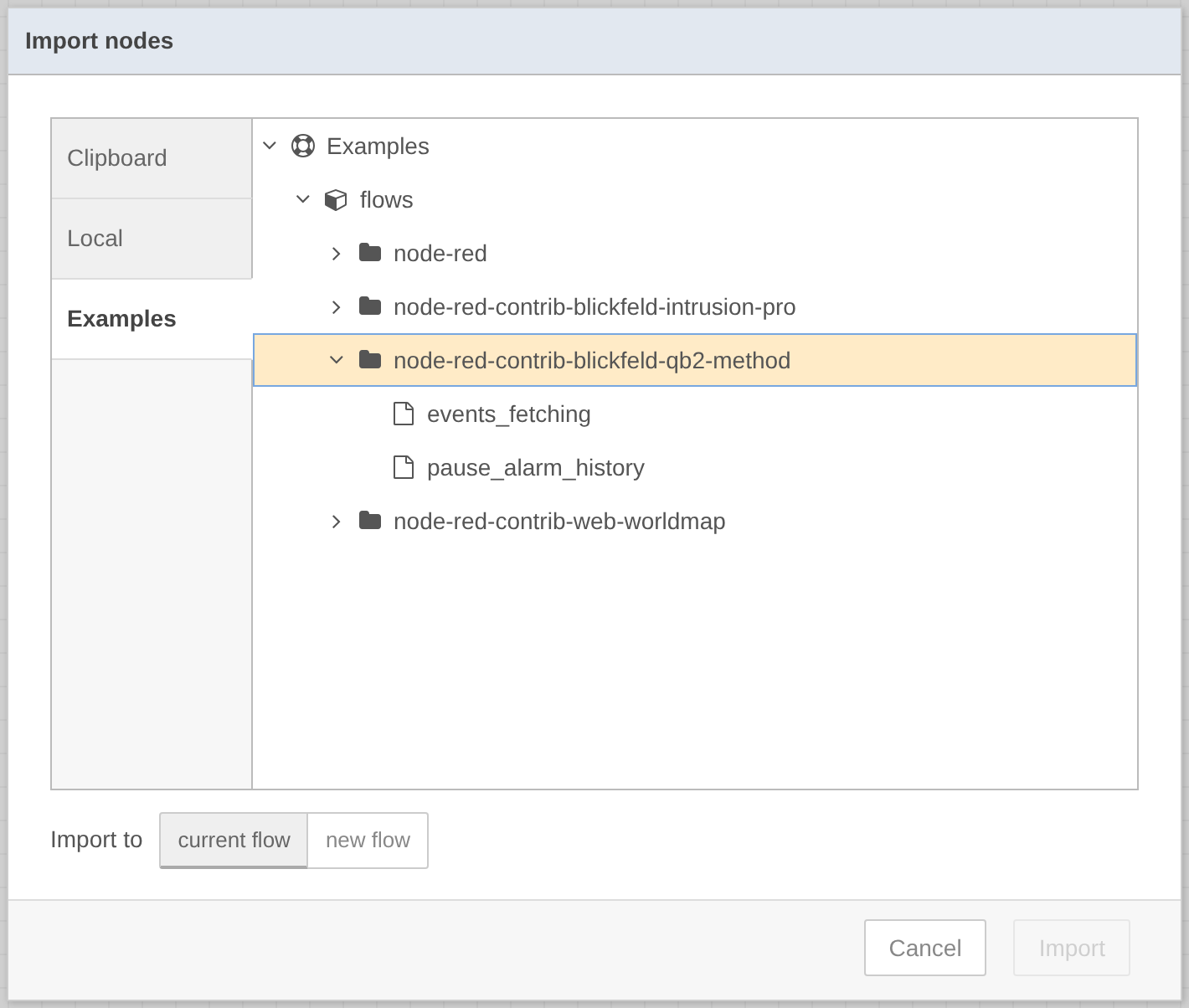 Importing an example flow from the Examples tab